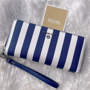 Brand New Michael Kors Blue & White Striped Large  Zip Around Wristlet Wallet